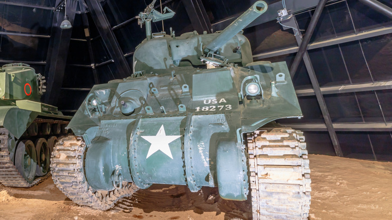 An M4 Sherman tank in a hangar