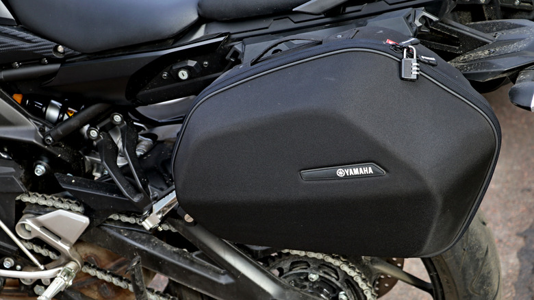 Padlocked saddlebag on motorcycle