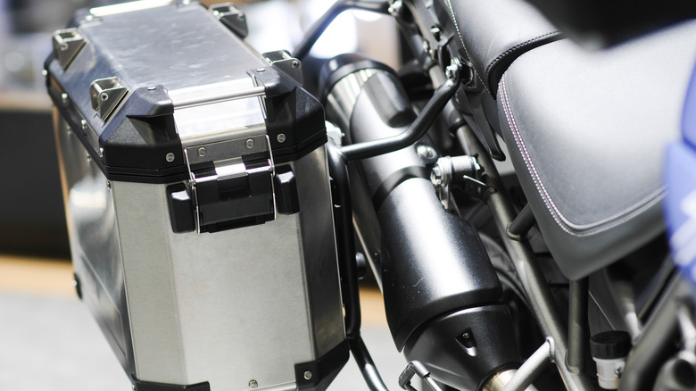 Metal saddlebag on motorcycle