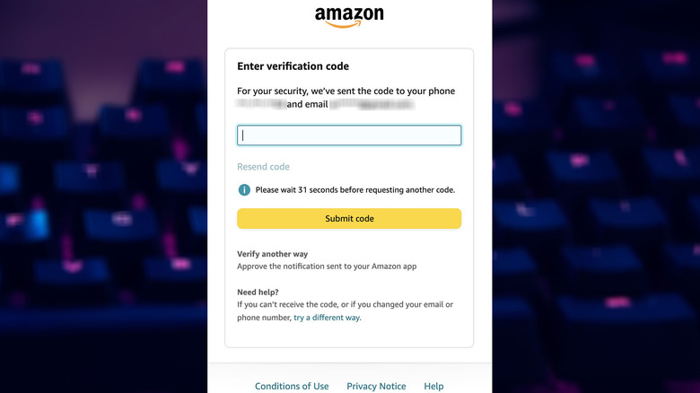 Amazon two factor verfication screen