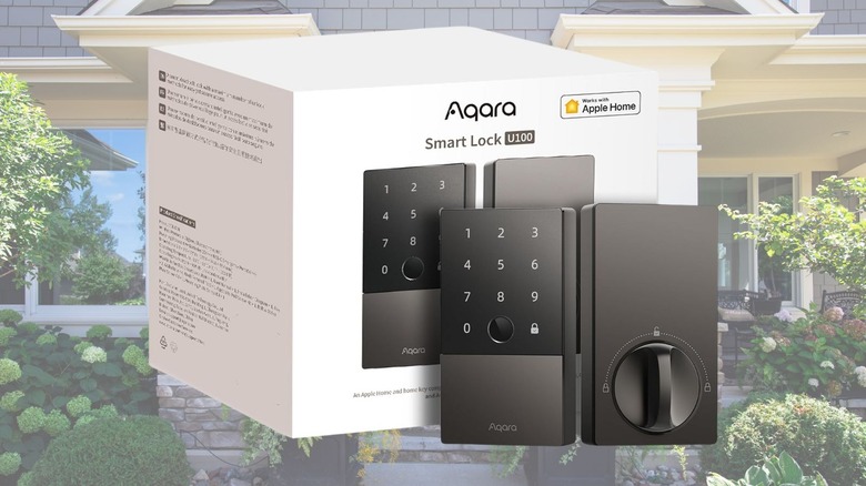 Aqara Smart Lock box in front of home facade background