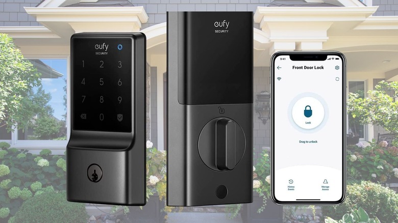 Eufy Smart Lock and Pin Pad in front of home background