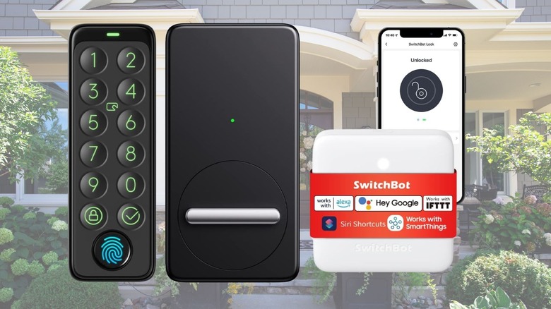 SwitchBot Smart Lock with Hub in front of a home background