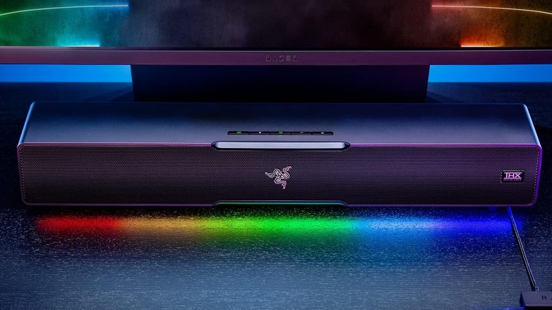 Razer Leviathan V2 soundbar on desk with lights