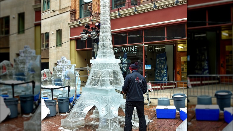 Ice tower sculpted with chainsaw