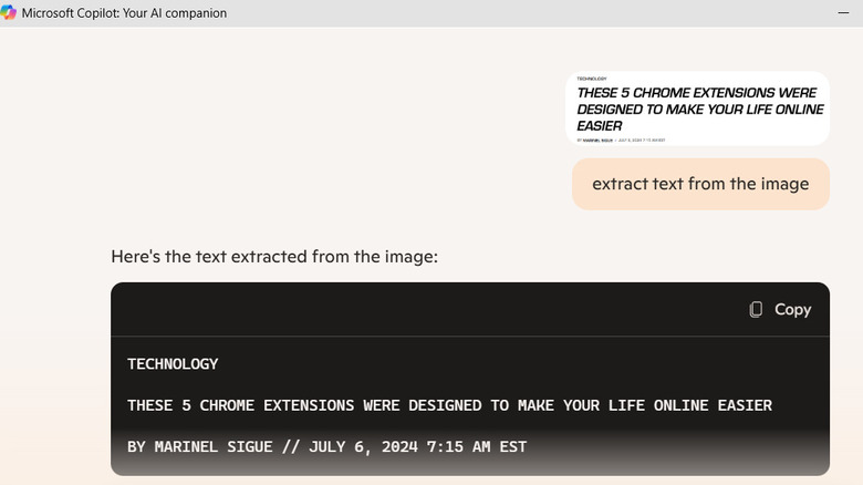 Using Copilot to extract text from an image