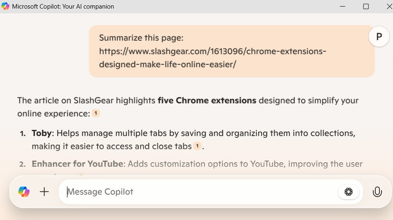 Copilot showing summary of a webpage on Chrome extensions