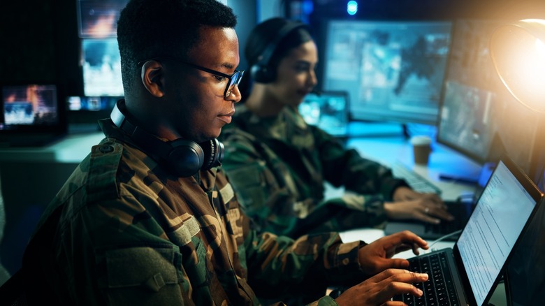 U.S. soldier using laptop