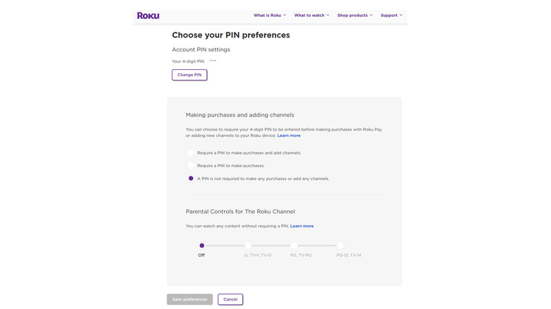 Roku pin code preferences page