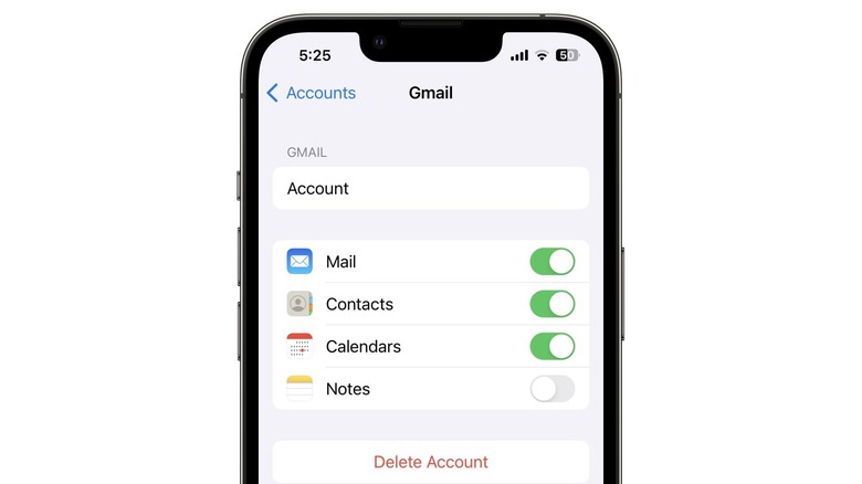 Delete account button iPhone Mail app