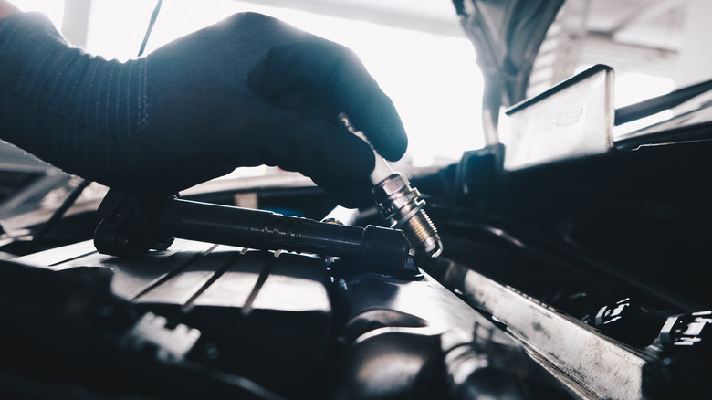 Spark plug in a gloved hand