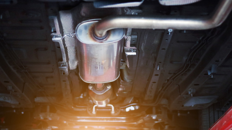 Close-up of a catalytic converter on an exhaust system