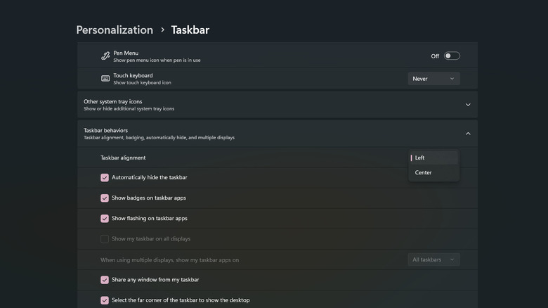 Taskbar personalization settings in Settings app on Windows 11