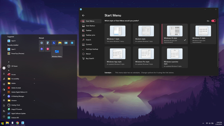 Start11 app opened in Windows 11 showing Windows 10 Start menu