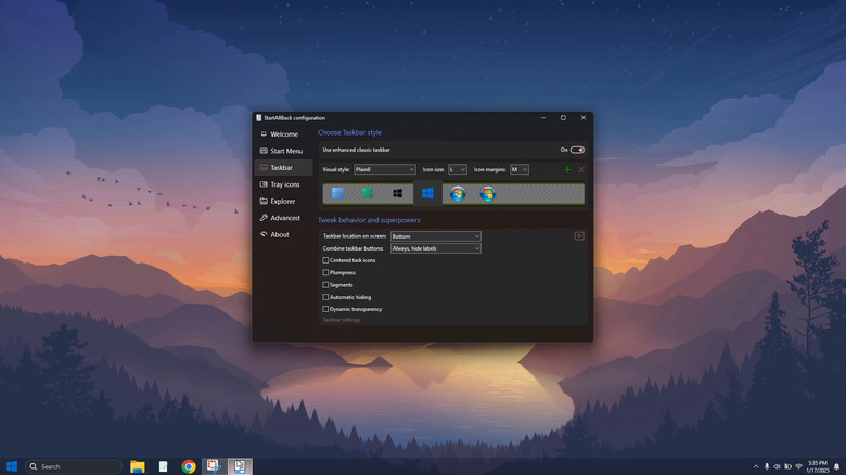 StartAllBack app opened in Windows 11 showing Windows 10 taskbar