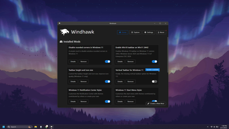 Windhawk app opened in Windows 11 showing small taskbar