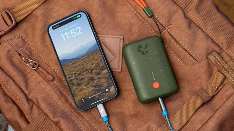 Phone plugged into Nimble power bank