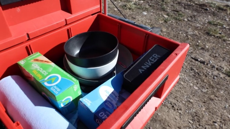 Camp cooking tools in Milwaukee two-drawer Packout toolbox