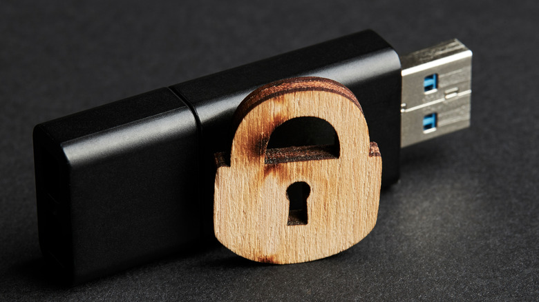 A black USB stick with a wooden lock in front of it.