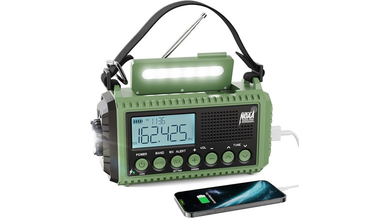 Green emergency radio with a white background