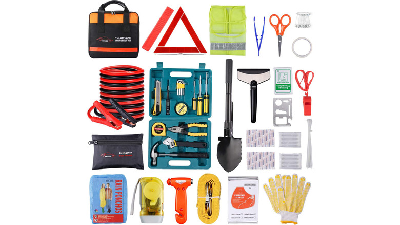 emergency roadside kit contents displayed on white background