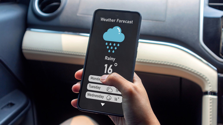 Person checking weather app on smartphone while riding in car