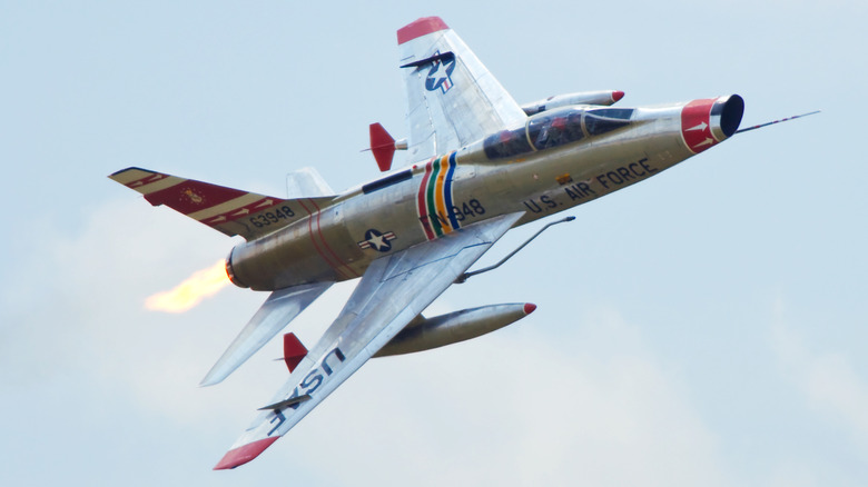 An F-100D Super Sabre flying at the Thunder Over Michigan Airshow in August 2010 over Ypsilanti, Michigan