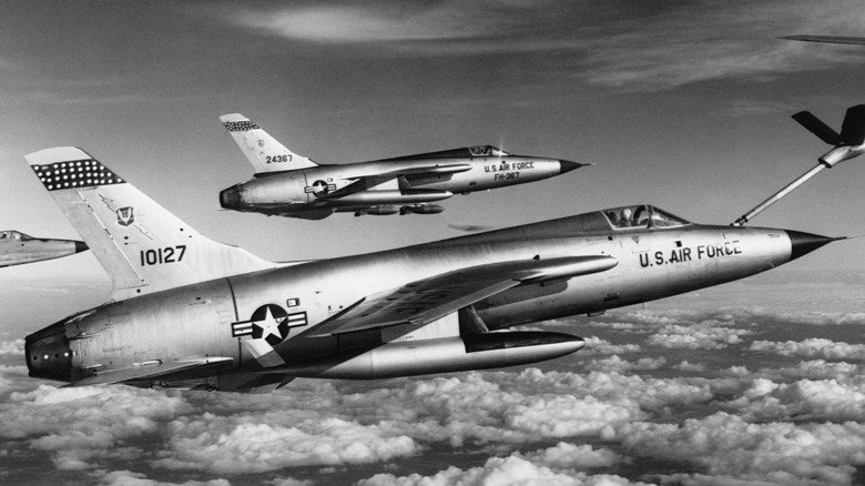 The Republic F-105 Thunderchief refueling midair from a KC-135 on its way to bomb targets in Vietnam in January 1966