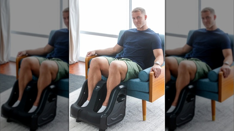 Christian McCaffrey using Brookstone foot and calf massager