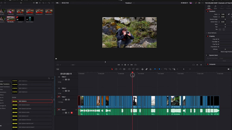 Video of man in forest being edited in DaVinci Resolve