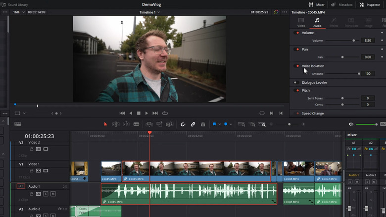 Video of man walking with audio being edited in DaVinci Resolve