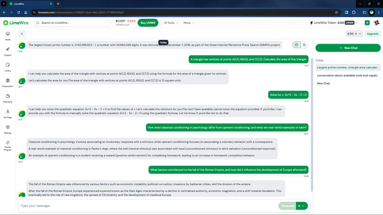 Sample conversation thread with LimeWire chat assistant