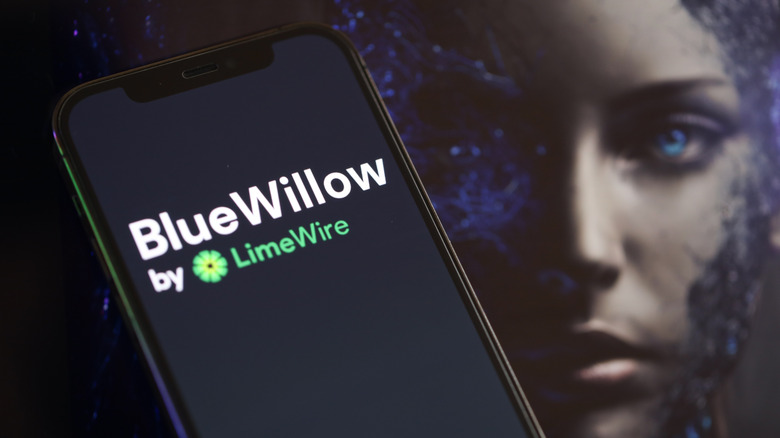 BlueWillow and LimeWire logo on a phone screen with an AI-generated face in the background