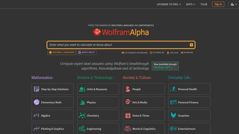 Wolfram Alpha homepage