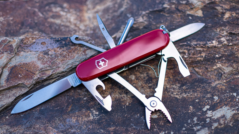 An open Swiss Army Knife on a wet rock