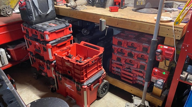 A collection of Milwaukee Packout products in a workshop