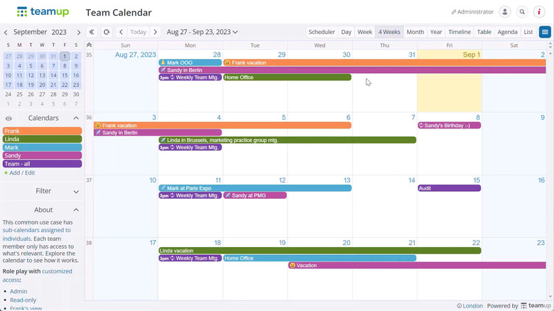 Teamup Calendar interface with several events highlighted