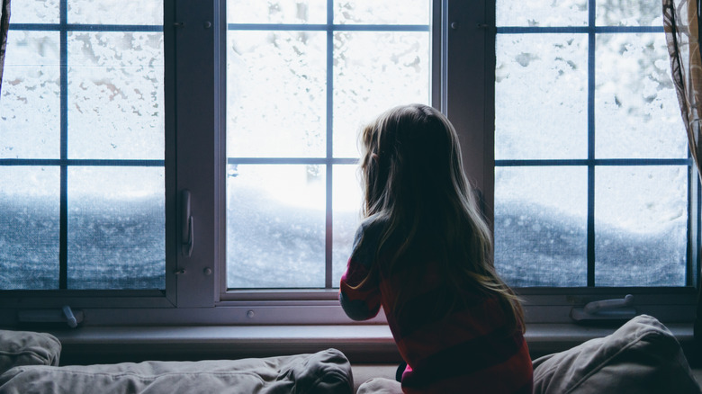 Person looking out window at snow storm