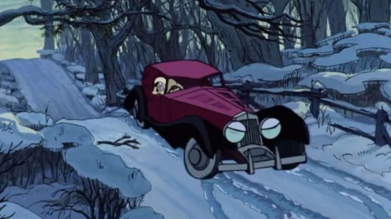 Cruella De Vil driving through snow