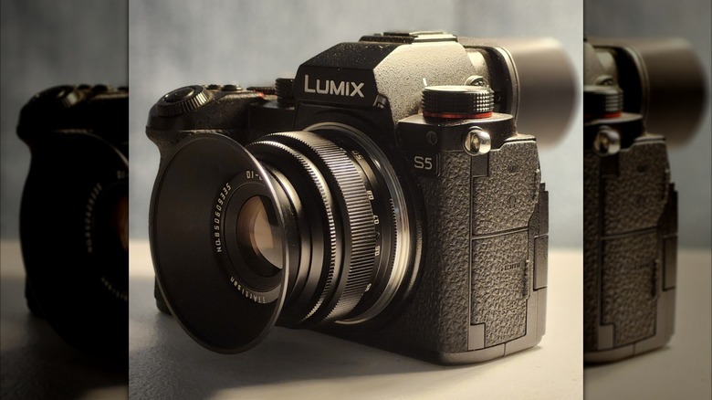 Panasonic Lumix S5 camera with a manual lens and viewfinder