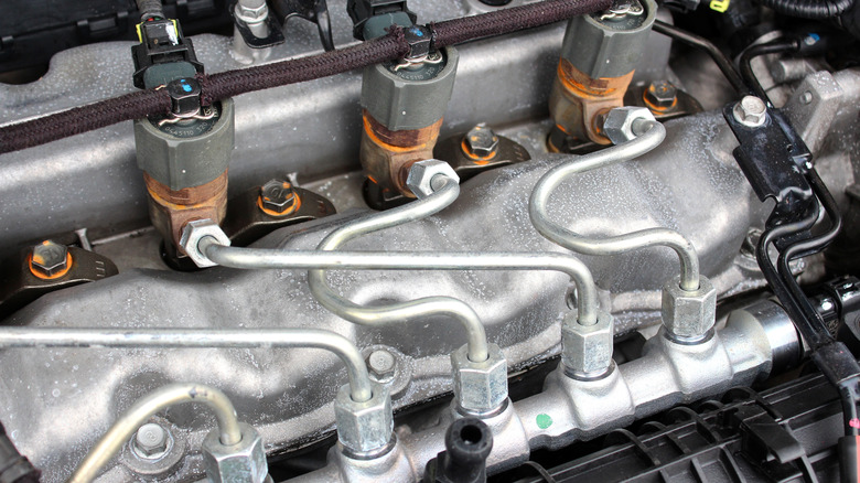 Close up shot of a diesel car injection system