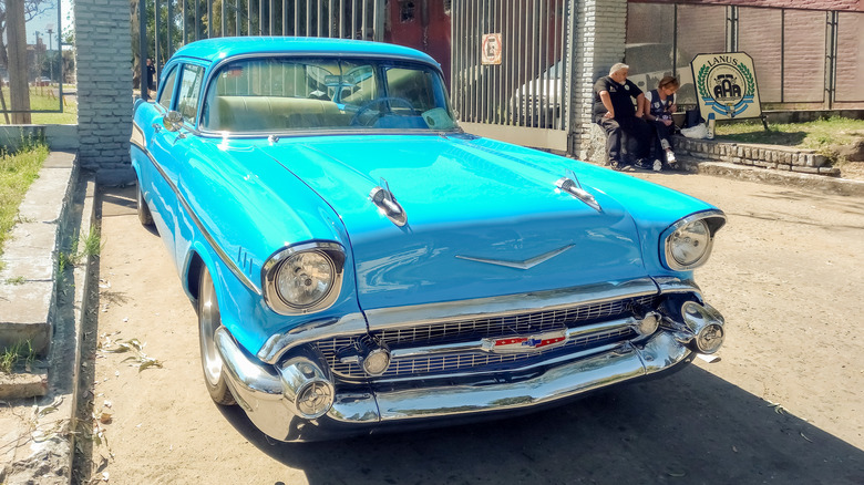 Old sky blue 1957 Chevrolet Chevy Bel Air sport sedan two door