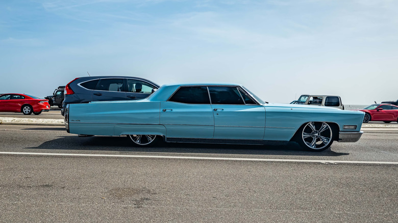 Wide angle side view of a Cadillac Sedan DeVille