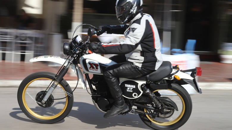 A shot of a vintage Yamaha XT500 in motion