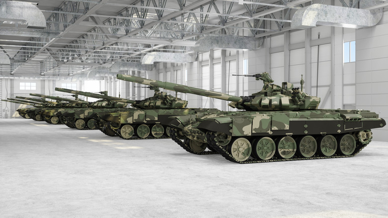 Military tanks in warehouse