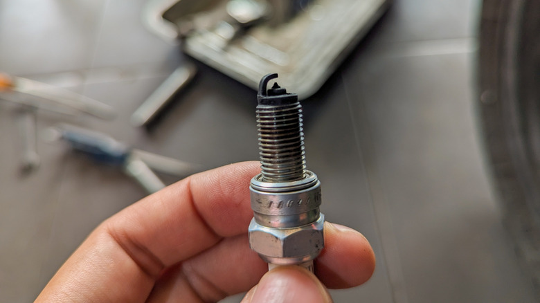 Close up of Man hand holds motorcycle spark plug