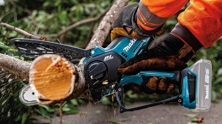 A man using Makita saw to cut a tree trunk