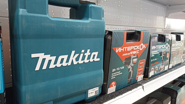 Makita tool carrying case options displayed on a shelf