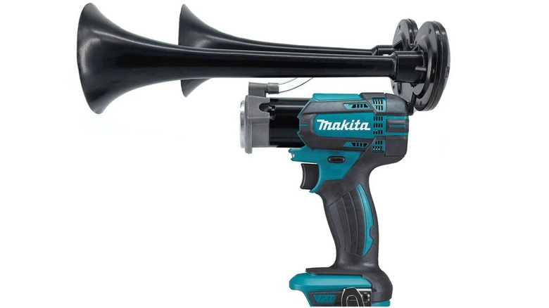 The Boss Horn dual Makita train horn with black trumpets.