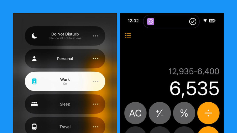 iPhone showing Work mode on and Shortcut opening Calculator
